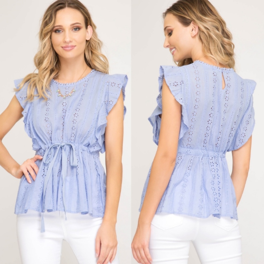 🌟Ivanna Ruffle sleeve eyelet top with waist tie.